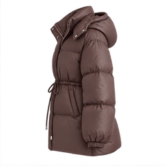 Delcie | Women's Hooded Drawstring Waist Zip Front Puffer Jacket — side
