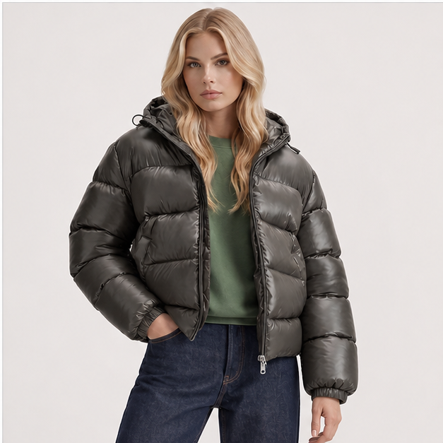 Oriana | Women's Zip Front Long Sleeve Pockets Glossy Puffer Jacket — model