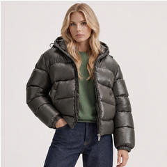 Oriana | Women's Zip Front Long Sleeve Pockets Glossy Puffer Jacket — model