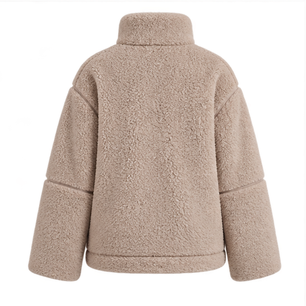 Natasha | Women's High Collar Zip Front Long Sleeve Patch Pockets Teddy Jacket — back