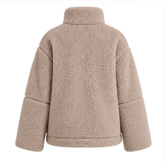 Natasha | Women's High Collar Zip Front Long Sleeve Patch Pockets Teddy Jacket — back