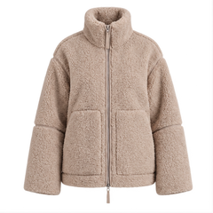 Natasha | Women's High Collar Zip Front Long Sleeve Patch Pockets Teddy Jacket — front