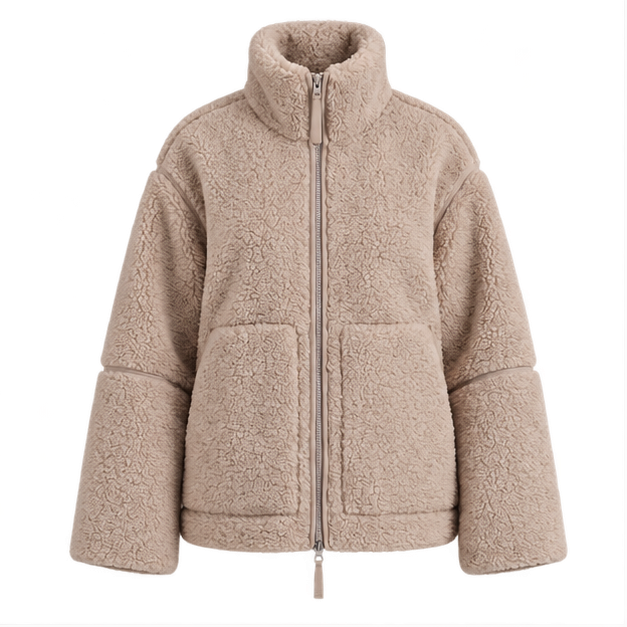 Natasha | Women's High Collar Zip Front Long Sleeve Patch Pockets Teddy Jacket — front