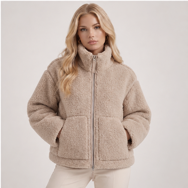 Natasha | Women's High Collar Zip Front Long Sleeve Patch Pockets Teddy Jacket — model