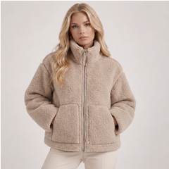 Natasha | Women's High Collar Zip Front Long Sleeve Patch Pockets Teddy Jacket — model