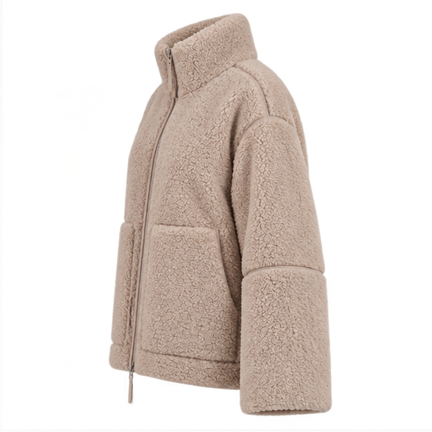 Natasha | Women's High Collar Zip Front Long Sleeve Patch Pockets Teddy Jacket — side