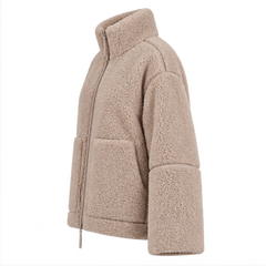 Natasha | Women's High Collar Zip Front Long Sleeve Patch Pockets Teddy Jacket — side