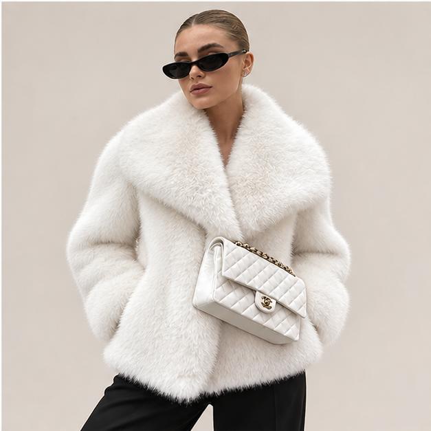 Zosia | Women's Oversized Shawl Collar Long Sleeve Open Front Plush Winter Coat — model