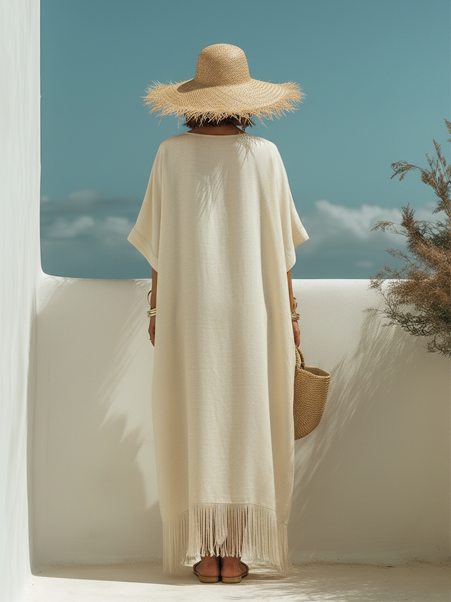 Vestido Maxi Flecos Beige