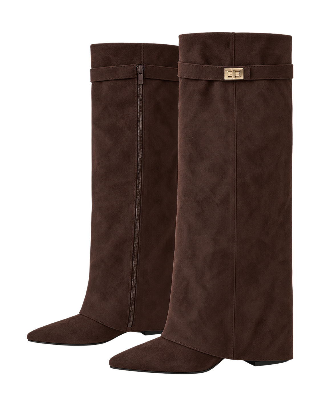 Stivali Lavista in camoscio marrone scuro, coppia vista laterale con fibbia e zip |oriona-color:Marrone scuro|