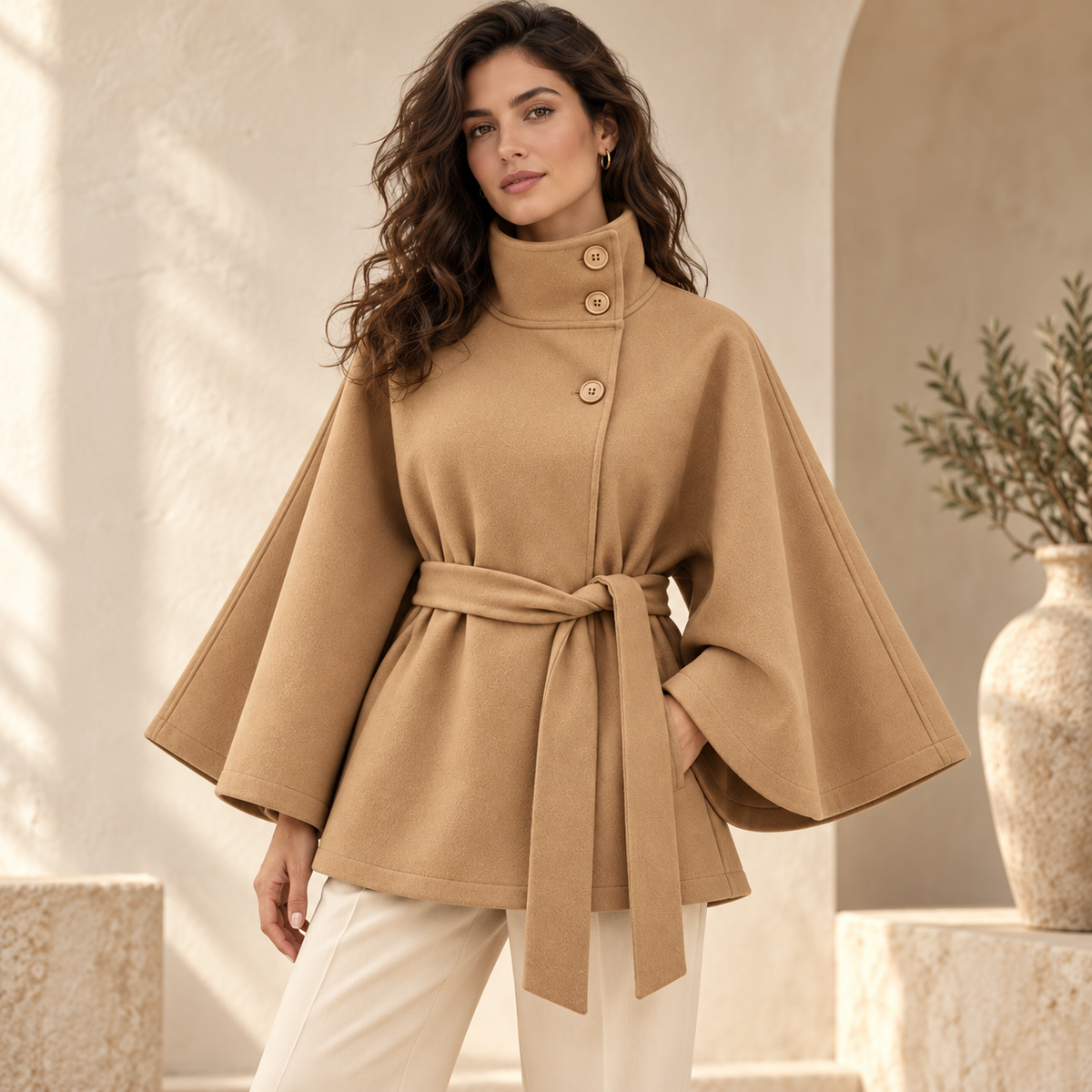 Lightweight Structured Jacket — Khaki — editoriale con modella Oriona |oriona-color:Khaki|