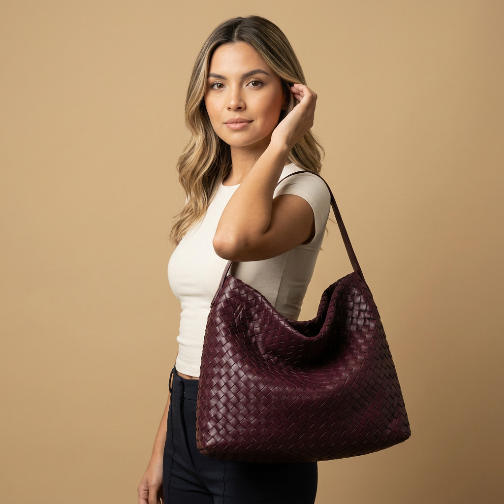 Woven Suede-Effect Hobo Bag |oriona-color:Burgundy|