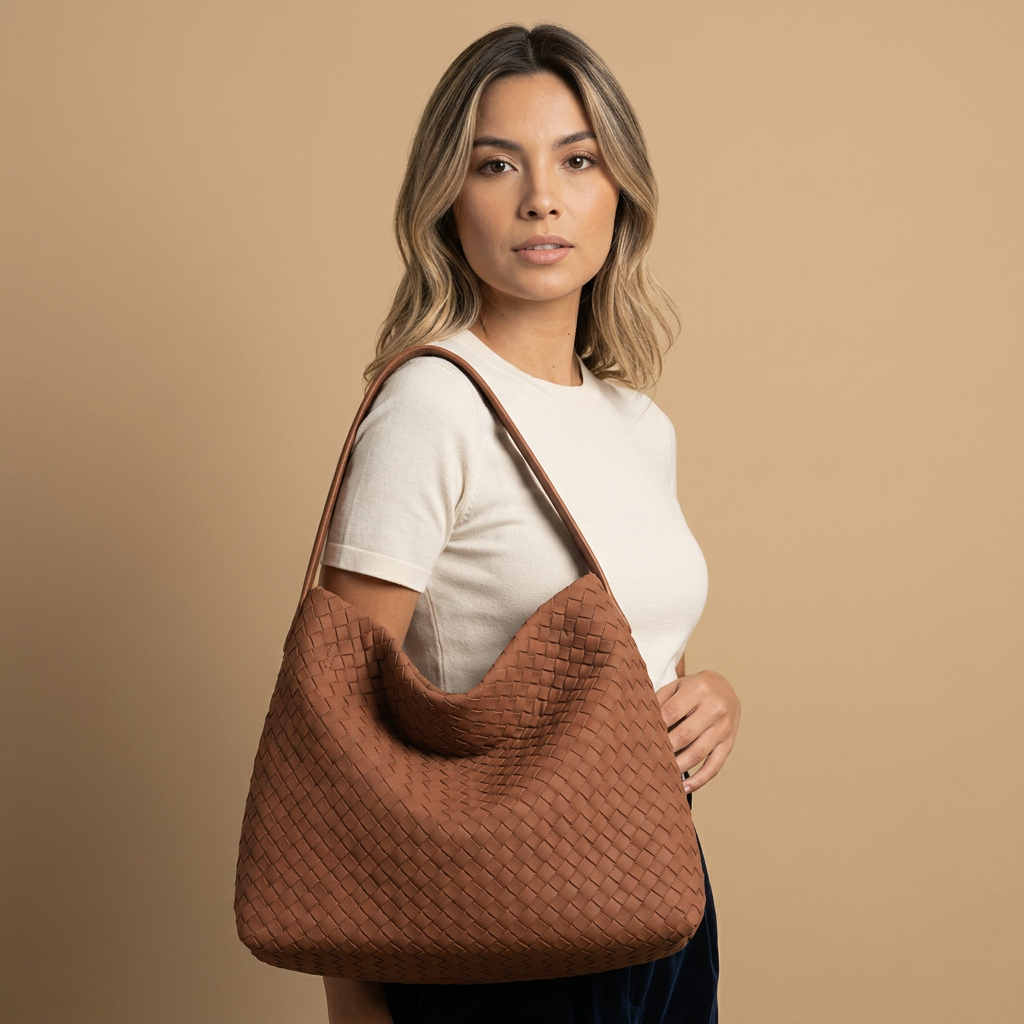 Woven Suede-Effect Hobo Bag |oriona-color:Burnt Orange|