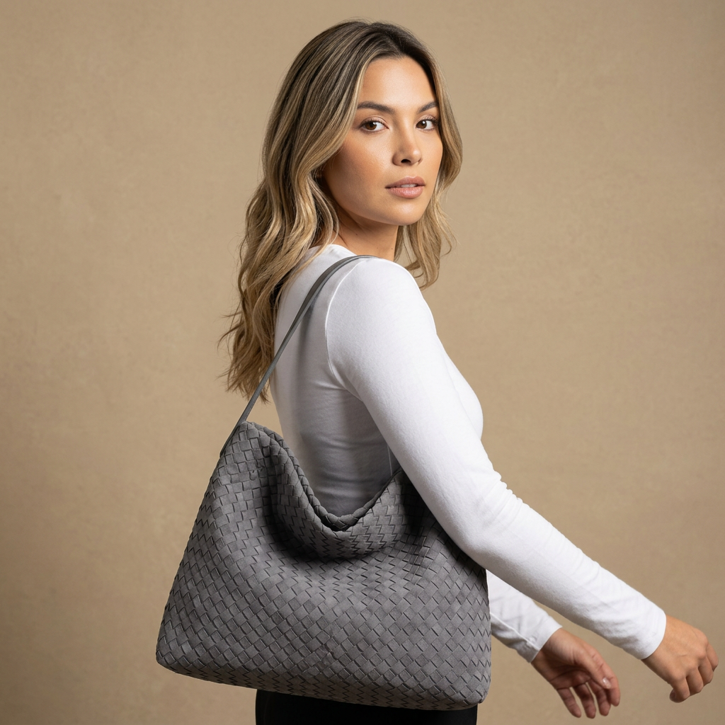 Woven Suede-Effect Hobo Bag |oriona-color:Grey|