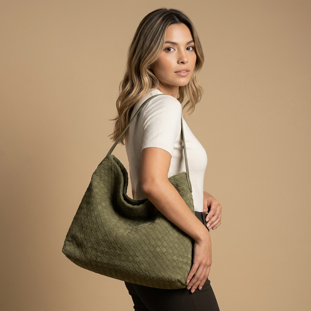 Woven Suede-Effect Hobo Bag |oriona-color:Olive Green|