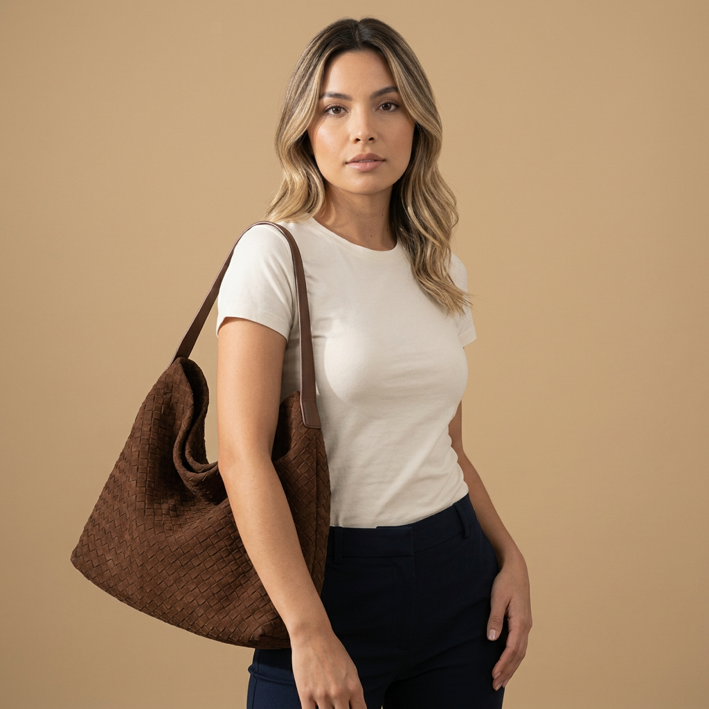 Woven Suede-Effect Hobo Bag |oriona-color:Brown|