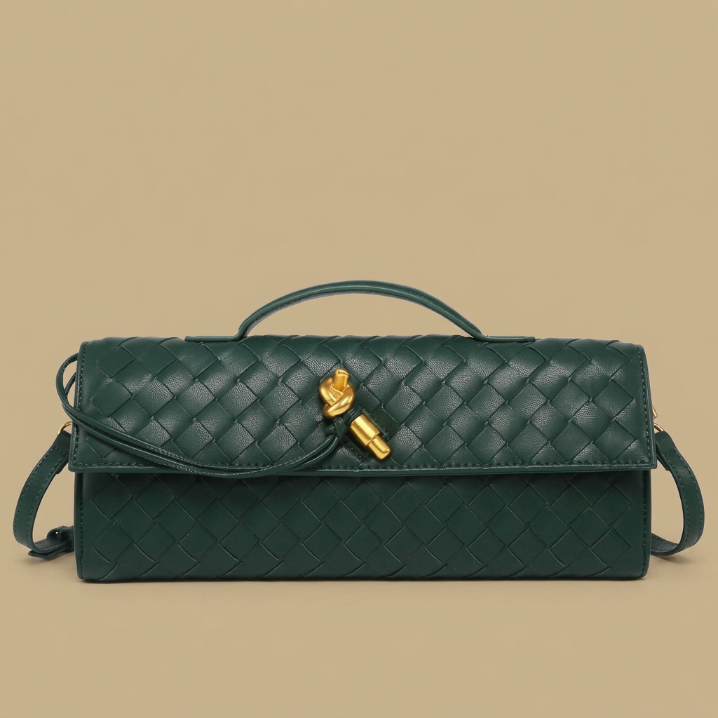 Woven Clutch Bag with Shoulder Strap |oriona-color:Dark Green|