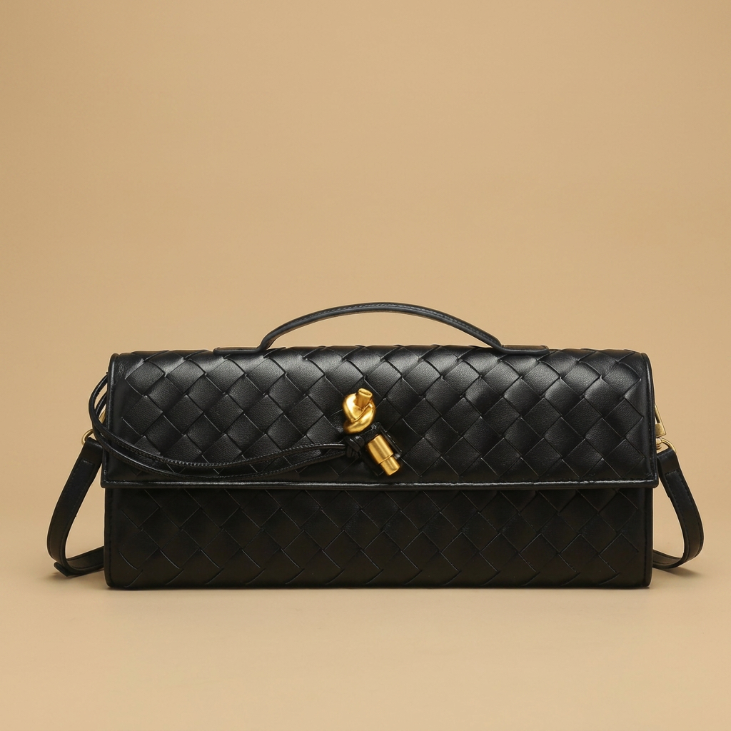 Woven Clutch Bag with Shoulder Strap |oriona-color:Black|