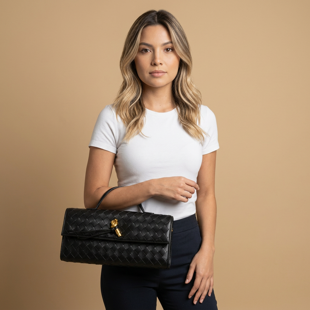 Woven Clutch Bag with Shoulder Strap |oriona-color:Black|