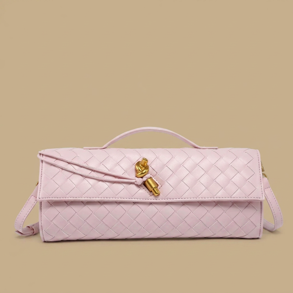 Woven Clutch Bag with Shoulder Strap |oriona-color:Light Pink|