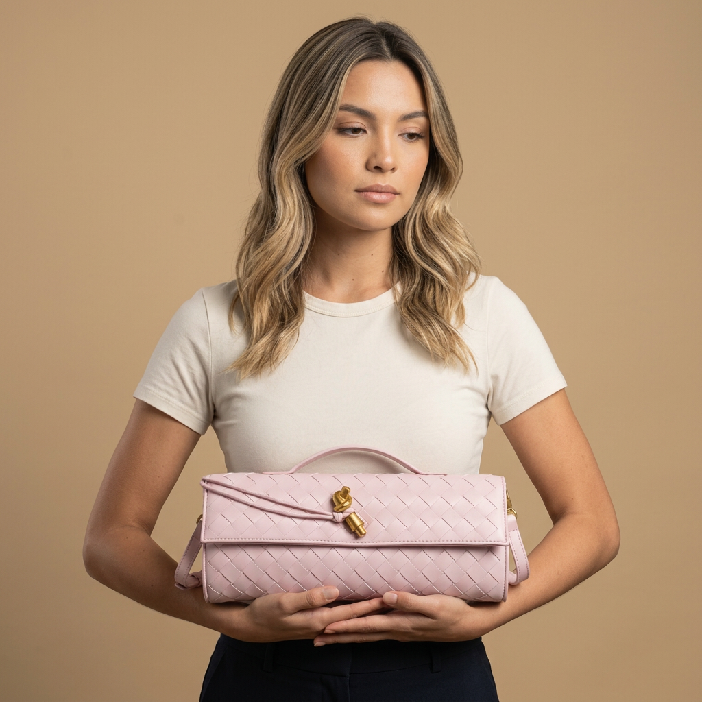 Woven Clutch Bag with Shoulder Strap |oriona-color:Light Pink|