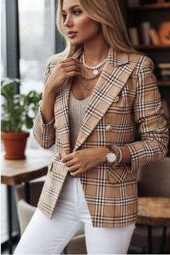 Beige plaid double-breasted blazer