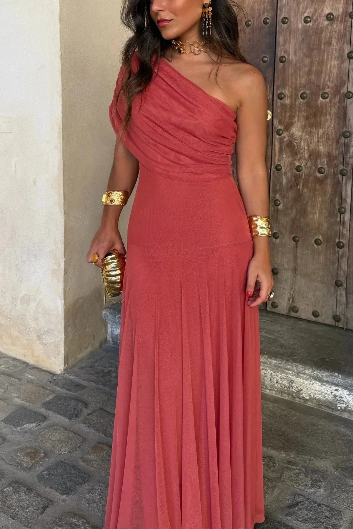 Pleated one-Shoulder summer Maxi dress for women