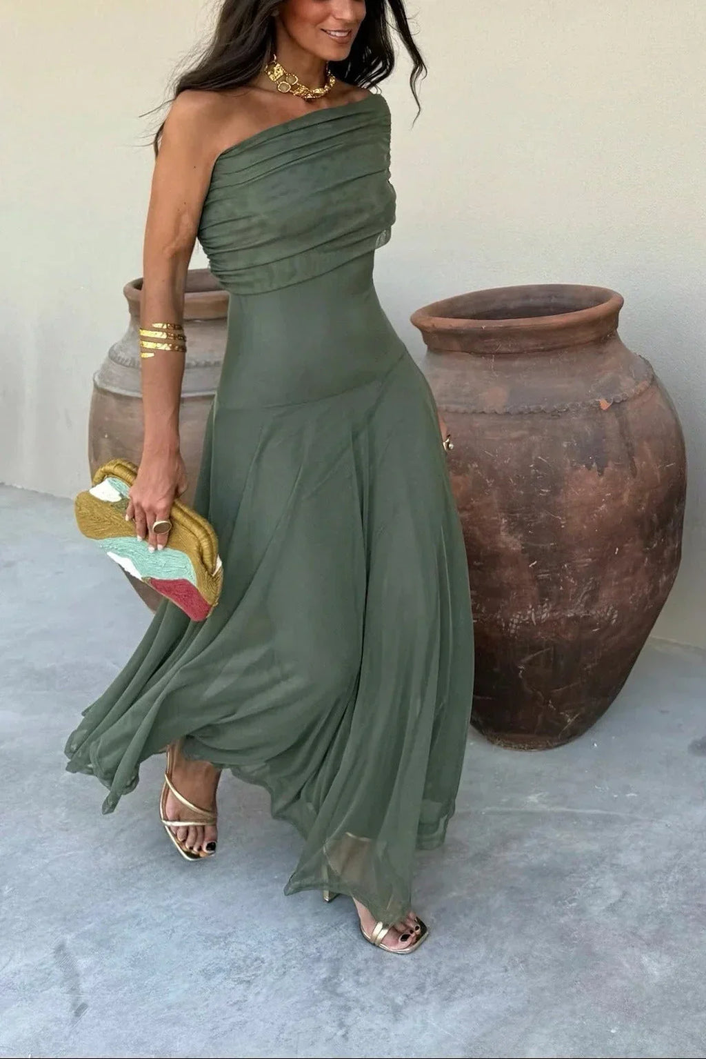 Pleated one-Shoulder summer Maxi dress for women