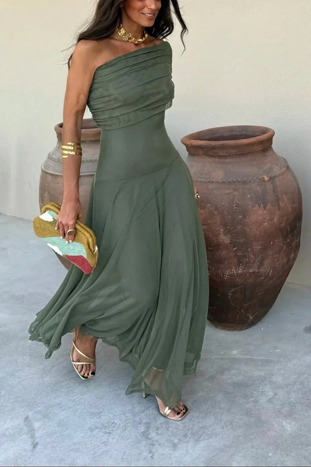 Pleated one-Shoulder summer Maxi dress for women