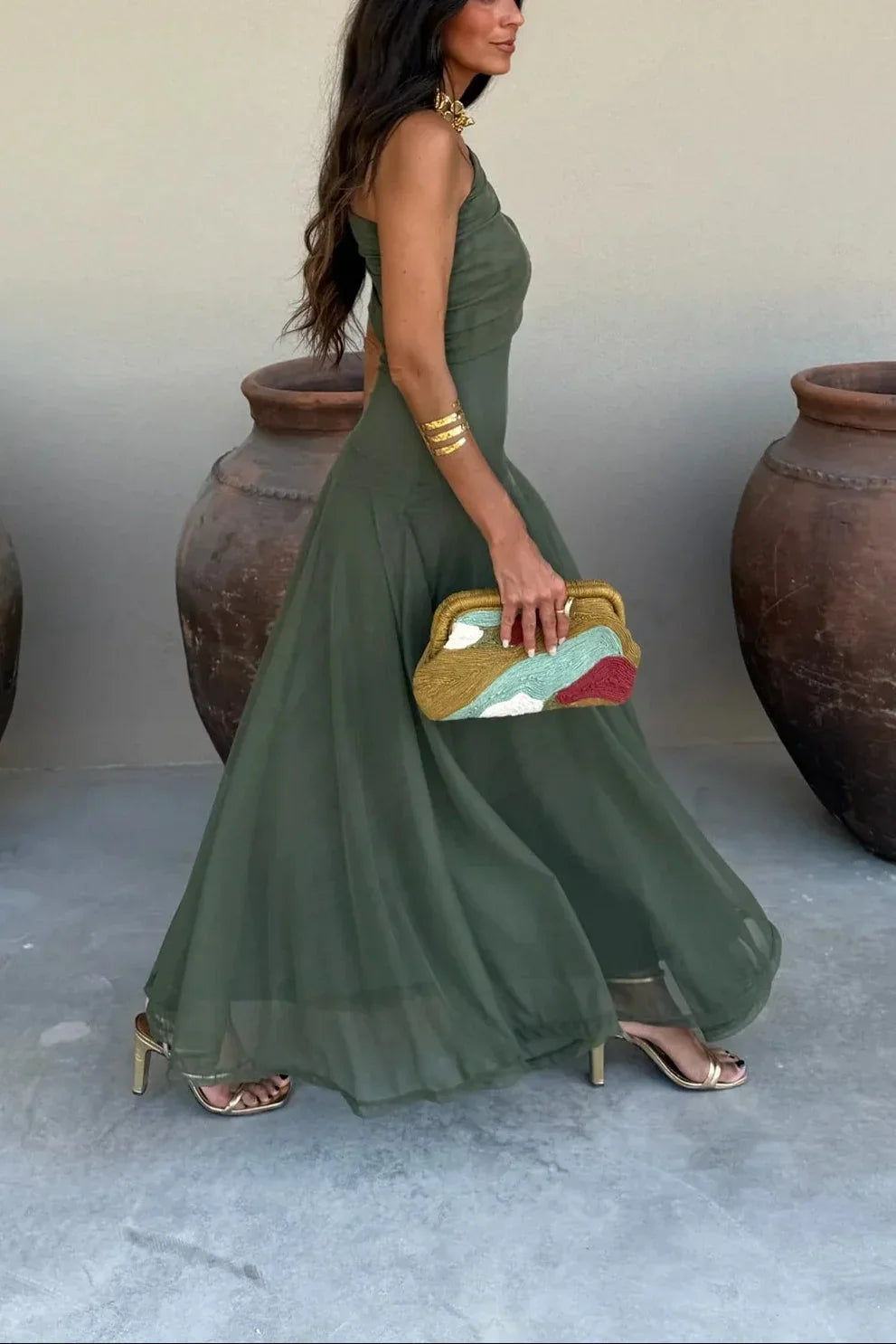 Pleated one-Shoulder summer Maxi dress for women