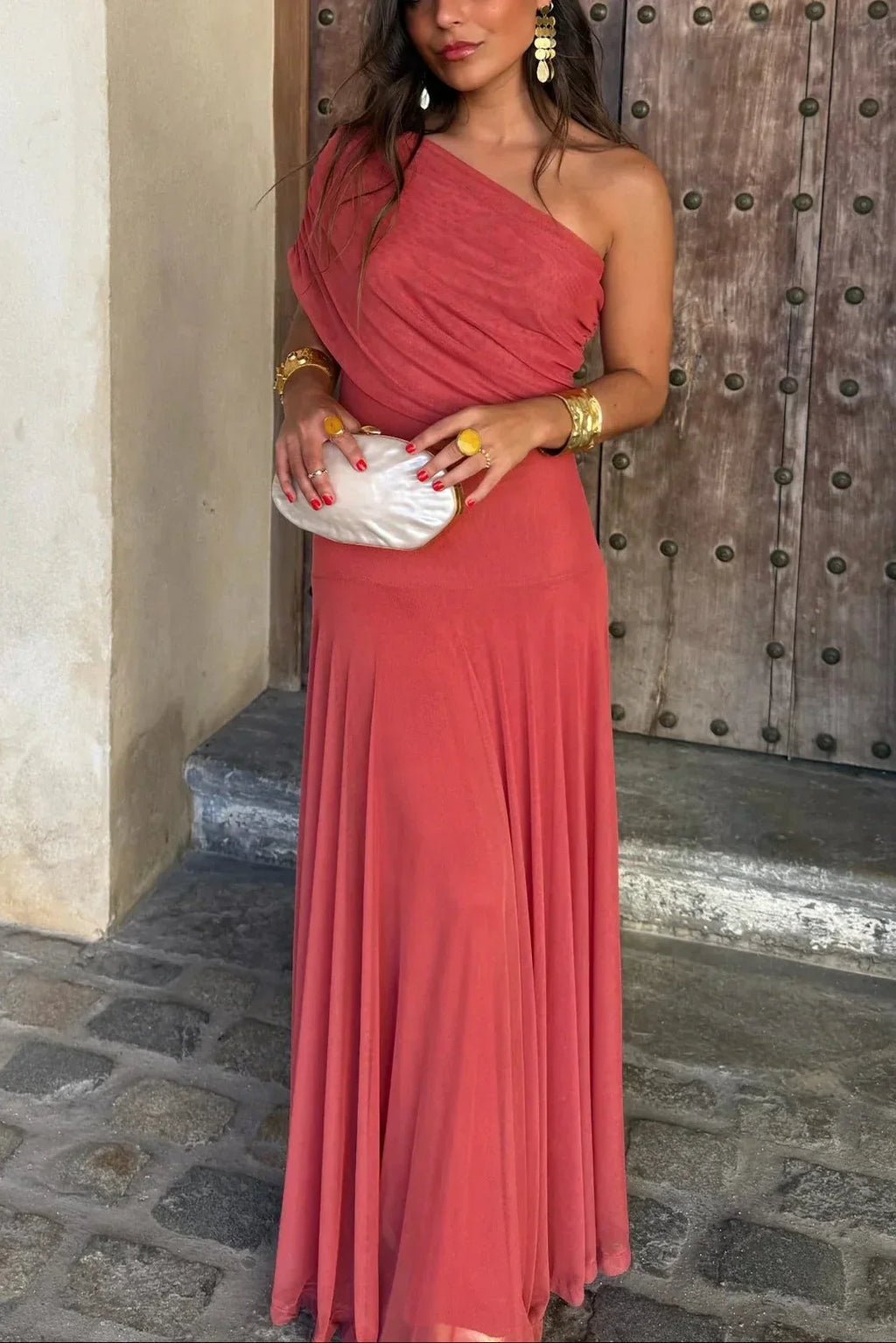 Pleated one-Shoulder summer Maxi dress for women