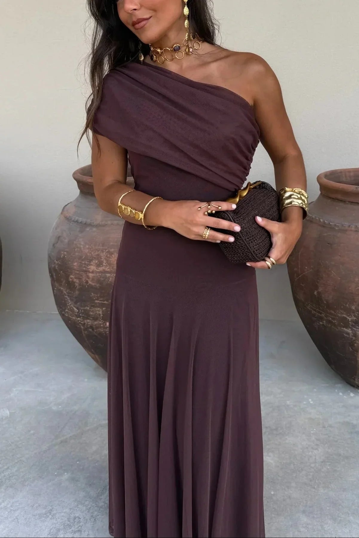 Pleated one-Shoulder summer Maxi dress for women