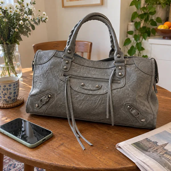Immagine generata con IA: borsa It Girl grande, grigio scuro, in un contesto quotidiano