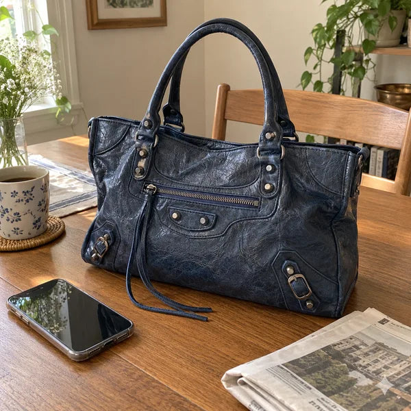 Immagine generata con IA: borsa It Girl media, blu navy, in un contesto quotidiano
