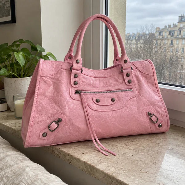 AI-generated image: bag It Girl large, baby pink, in an everyday setting
