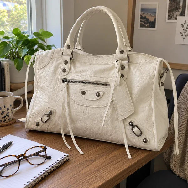 AI-generated image: bag It Girl large, white, in an everyday setting