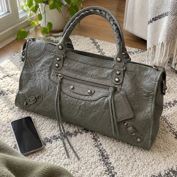 AI-generated image: bag It Girl large, dark grey, in an everyday setting