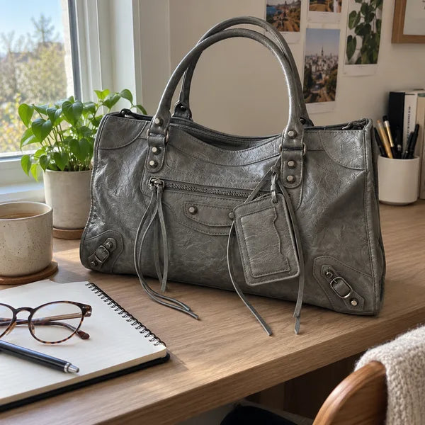 AI-generated image: bag It Girl medium, dark grey, in an everyday setting