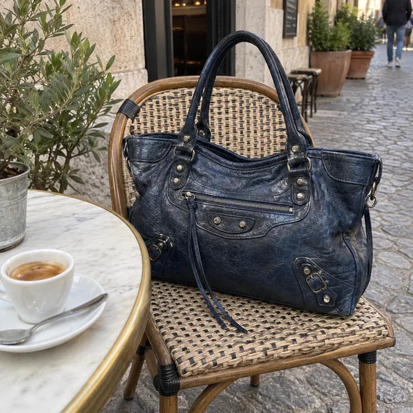AI-generated image: bag It Girl medium, navy blue, in an everyday setting