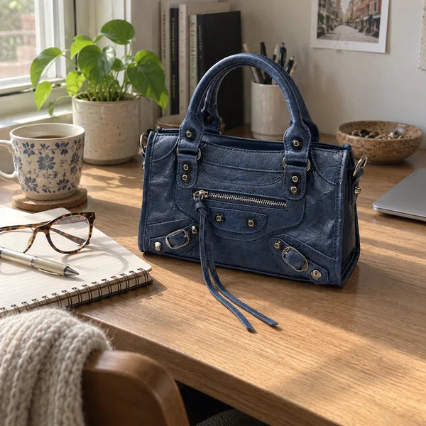 AI-generated image: bag It Girl small, navy blue, in an everyday setting
