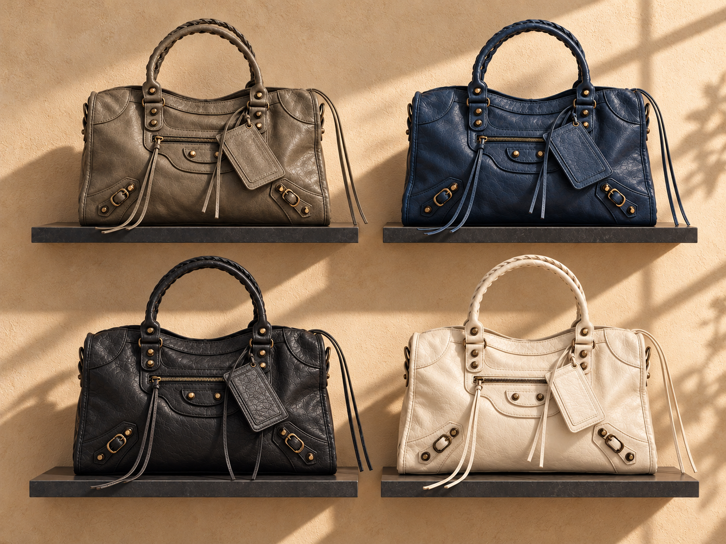 Four City bags on black shelves: dark grey, navy blue, black and white
